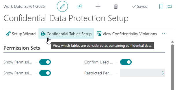 Confidential Tables Setup action on the Setup page