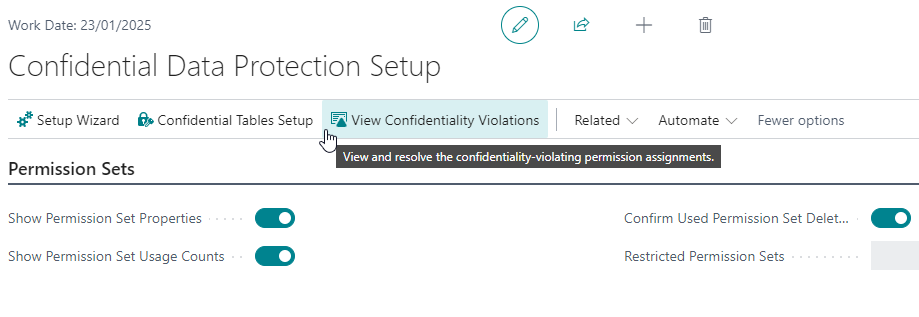 View Confidentiality Violations action on Setup page